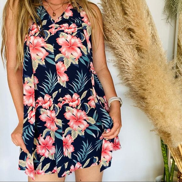 SHEIN Navy Blue Pink Floral Palm Tropical Print Tank Top Mini Halter Dress S - Picture 6 of 7